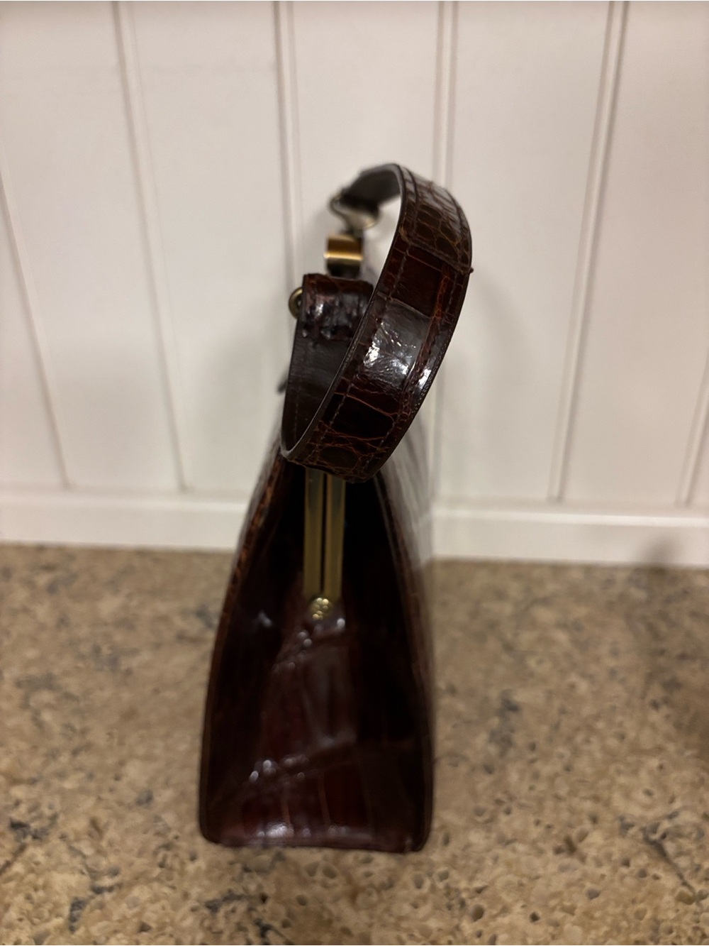 Vintage 1950s Dark Chocolate Alligator/ Croc-Embossed Leather Top-Handle Handbag - Picture 4 of 15